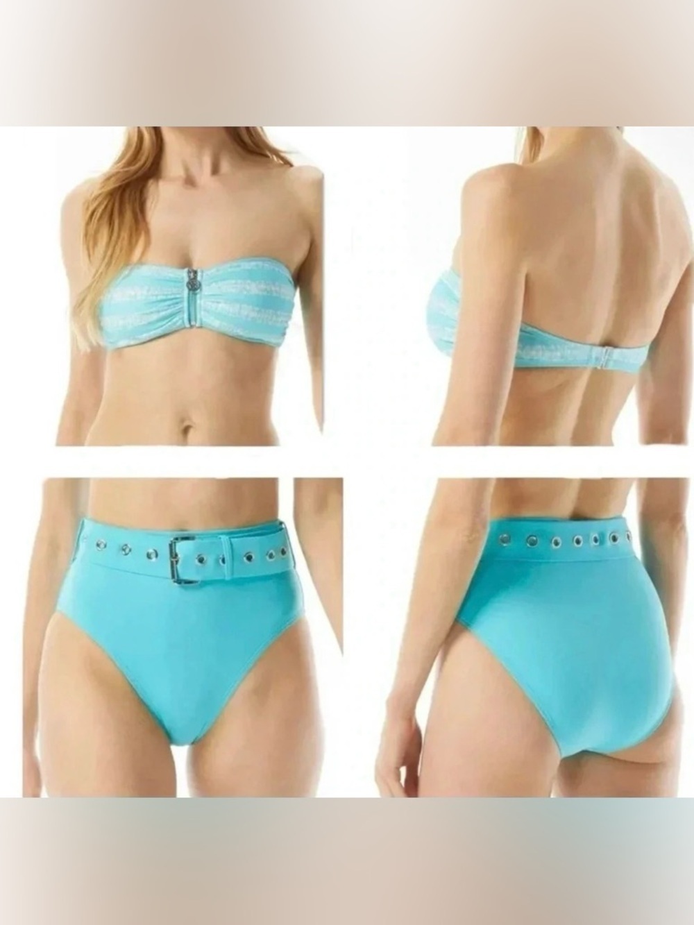 MICHAEL KORS Zip Front Bandeau Kyoto Stripe Turquoise Top and High Waist Bottom